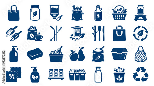 Collection of eco friendly sustainable living icons for zero waste lifestyle and organic food shopping