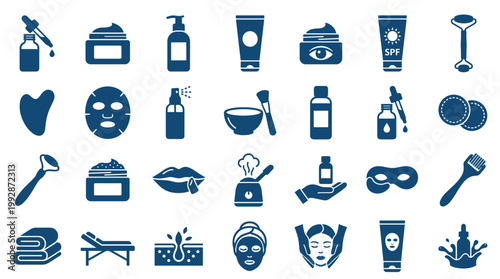 Collection of skincare and beauty treatment icons representing self care wellness and cosmetic procedures for healthy skin and rejuvenation
