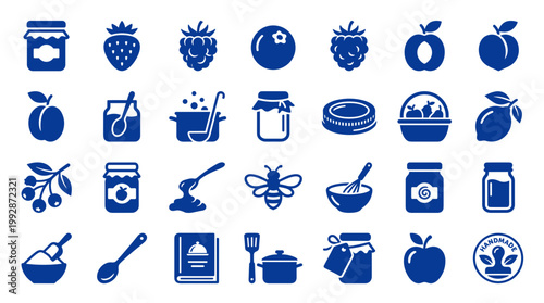 Collection of blue fruit and jam icons representing homemade preserves and natural ingredients for healthy eating and cooking