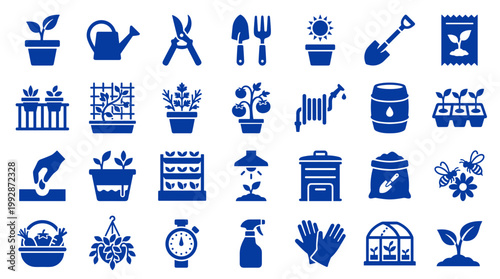 Gardening Icons Set Collection Of Tools And Supplies For Cultivation And Planting In Blue Color