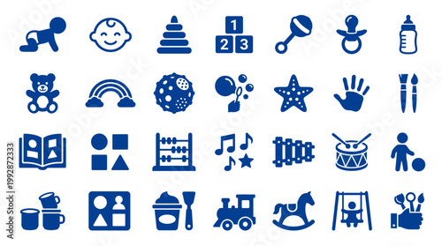 Collection of blue icons representing childhood, toys, and early learning activities for babies and toddlers