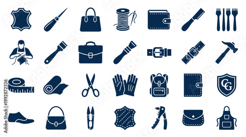 Collection of leather craft tools and accessories icons representing handmade leather goods and artisanal craftsmanship