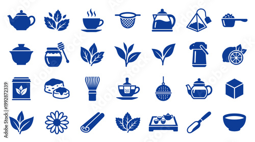Collection of blue tea icons and symbols representing brewing and enjoying hot beverages with tea leaves, teapots, cups, and accessories on a white background