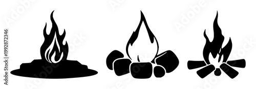 Campfire icon set with solid black symbol on pristine white background featuring fire, flame, campfire with outdoor and nocturnal