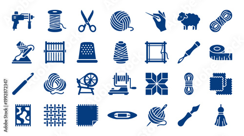Collection of sewing and textile craft icons representing yarn fabric tools and sheep for handmade projects and hobbies