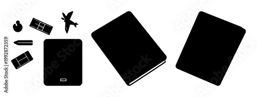 Passport icon set with solid black symbol on white background featuring passport, travel document, identification with line art and simple