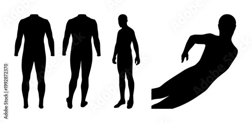 Black silhouette, white background: wetsuit set with simple line art design featuring simple design, minimalist, black and white with illustrations and graphics