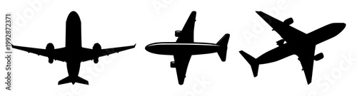 Airplane flying icon set with solid black line art and simple geometric shape featuring aviation, travel, transport with iconography and flight