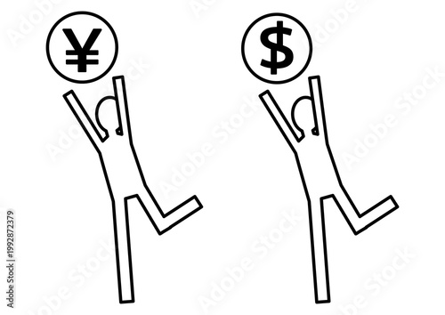 円安ドル高や為替相場に翻弄される人々・円とドルの通貨記号を追いかける棒人間・お金（円・ドル）を求める人物のシンプルアイコンセット