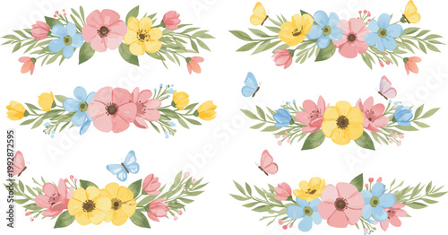 Watercolor floral borders with colorful flowers and leaves on white background