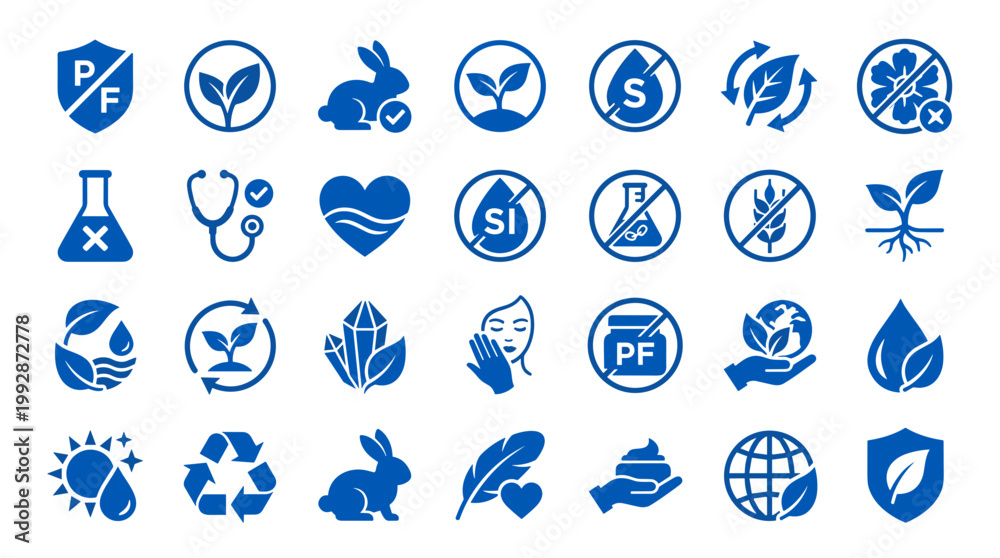 Fototapeta premium Collection of blue icons representing natural organic and eco friendly products symbols for health beauty and environment care
