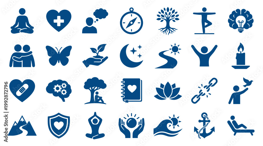 Fototapeta premium Collection of blue icons representing health wellness and lifestyle concepts including meditation nature and self care symbols
