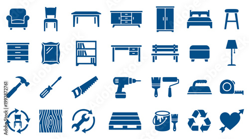 Collection of blue furniture and tool icons representing home decor, renovation, and DIY projects on a white background