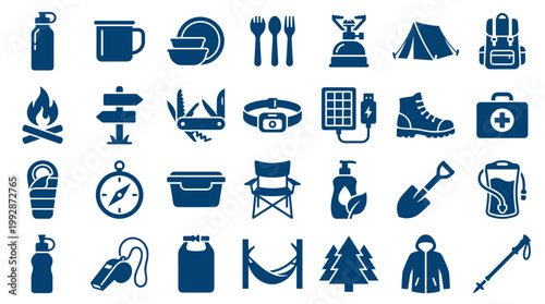 Collection of camping and outdoor adventure equipment icons for travel and recreation
