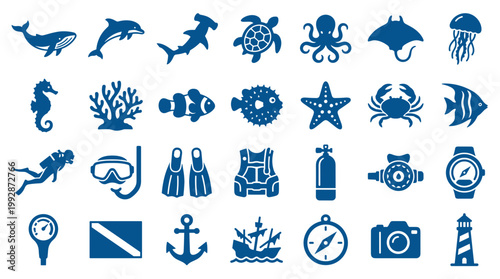 Collection of blue ocean life and diving equipment icons on a white background representing marine adventure and underwater exploration