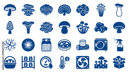 Mushroom cultivation icons set representing different mushroom species and cultivation equipment for healthy food production and gourmet cooking