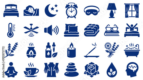 Collection of sleep and relaxation icons representing rest comfort and well being including bed alarm clock moon stars candle and aromatherapy elements
