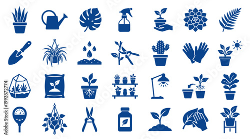 Collection of gardening icons and symbols representing plant care tools and activities for home gardening and plant enthusiasts