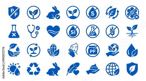 Collection of blue icons representing natural organic and eco friendly products symbols for health beauty and environment care