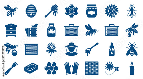 Collection of beekeeping icons and symbols representing honey production apiary tools and bee life cycle elements isolated on white background