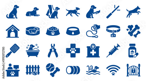 Collection of Blue Dog Related Icons and Symbols Representing Pet Care Services Grooming Training Veterinary and Accessories