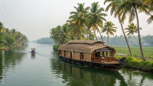 Traditional houseboat on Kerala backwaters surrounded by lush coconut palm trees. Scenic tropical canal landscape. India travel and tourism concept photo.