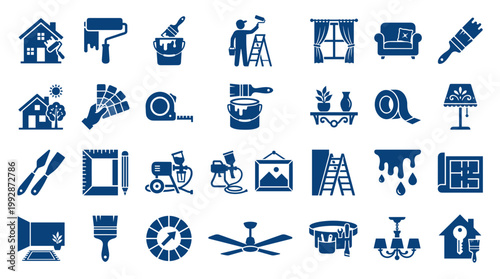 Home renovation and interior design icons representing painting tools, furniture, blueprints, and home improvement tasks for DIY projects and professional services