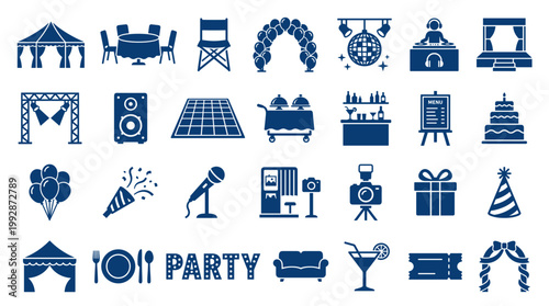 Collection of party and event icons and symbols representing celebration entertainment and festive occasions in a blue color palette