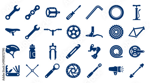 Collection of bicycle repair tools and parts icons representing maintenance and cycling equipment for sports and transportation