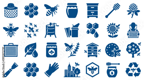 Collection of blue beekeeping icons and symbols representing honey production apiary equipment and bee life cycle elements for graphic design and illustration
