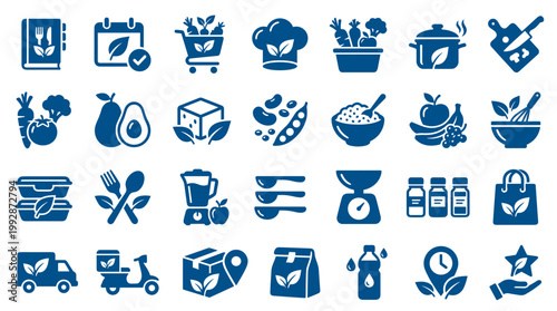 Healthy Food Icons Set for Nutrition and Diet Planning Meal Preparation and Delivery Services