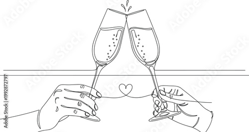Continuous One Line Drawing of Hands Clinking Champagne Glasses with Heart Symbol for Wedding Invitations, Anniversary Celebrations, Valentines Day, and Romantic Event Graphics