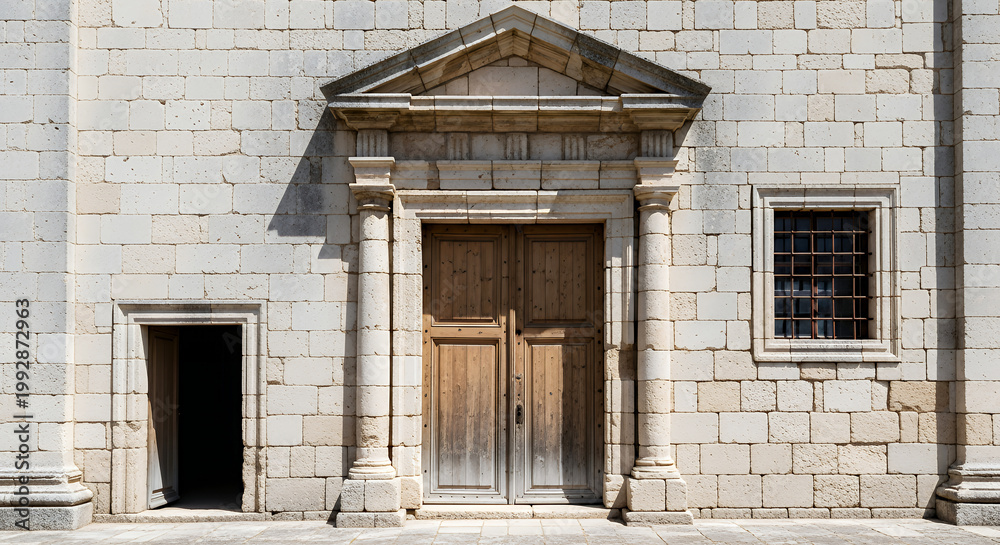 Fototapeta premium Stone facade with a wooden door and classical architectural classical architecture