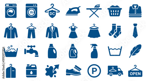 Collection of blue laundry and cleaning service icons representing washing drying ironing and garment care for domestic and commercial use