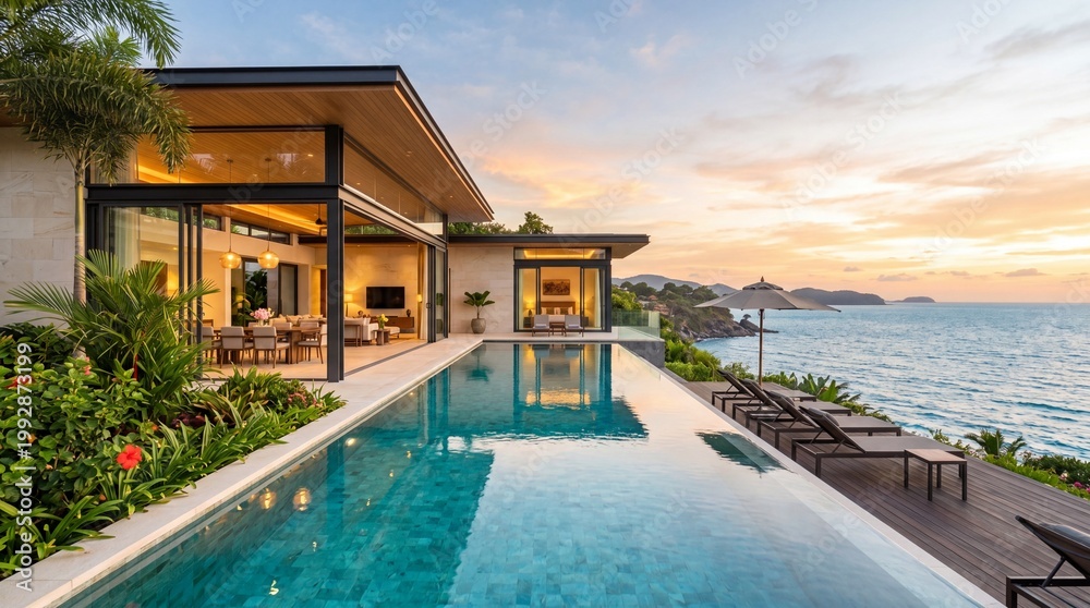 Fototapeta premium Stunning modern luxury house with pool, wooden terrace, and tropical garden. Breathtaking sea view during a colorful sunset. Perfect for holiday and real estate concepts.