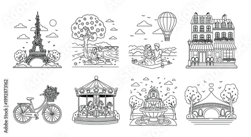 Parisian landmarks and romantic scenes in a linear illustration style