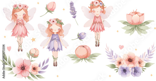 Whimsical fairies and flowers in soft pastel colors on white background