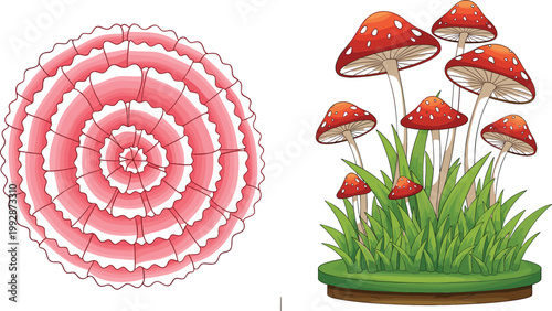 Red mushrooms in grass and circular paper cut mandala ornament decorative nature vector illustration set with fly agaric toadstools