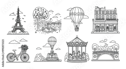 Parisian landmarks and romantic scenes in a linear illustration style