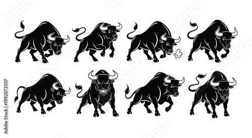 A collection of black and white bull illustrations in various poses