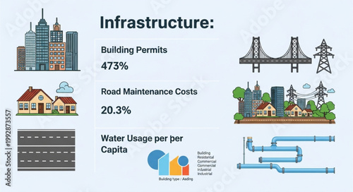 Urban infrastructure development and statistics illustration.