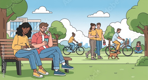 Diverse group of people enjoying a sunny day in a park.