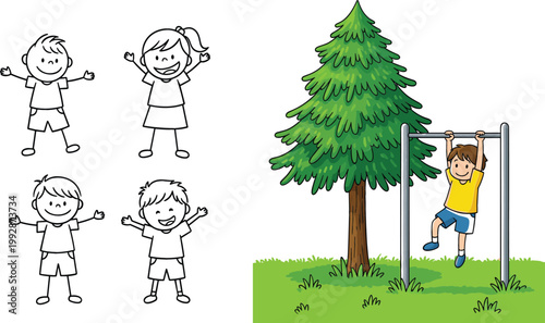 Kids playing outdoor park with tree and pull up bar stick figure children set cartoon vector illustration design