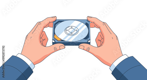 Hands holding a hard drive, representing data storage, technology, and computer hardware maintenance