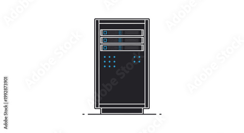 Modern server rack cabinet illustration for data center infrastructure, cloud computing, network technology, and digital information storage on a white background.