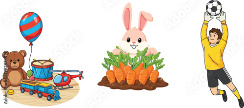 Kids toys set teddy bear balloon drum train helicopter cute bunny with carrots and soccer goalkeeper cartoon vector illustration collection