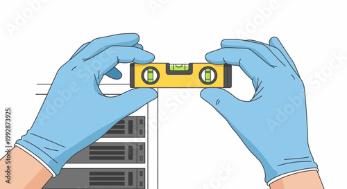 Hands wearing blue gloves hold a spirit level to check the horizontal alignment of server racks