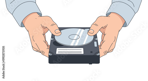 Hands holding a hard disk drive, close-up, symbolizing data storage, technology, and computer hardware repair