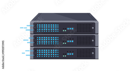 Stacked Server Racks Illustration with Glowing Blue Lights Representing Data Center, Cloud Computing, and Network Infrastructure Technology