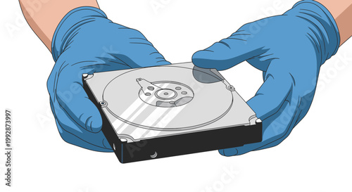 Hands wearing blue gloves holding a hard disk drive, representing data storage, computer repair, or IT maintenance.